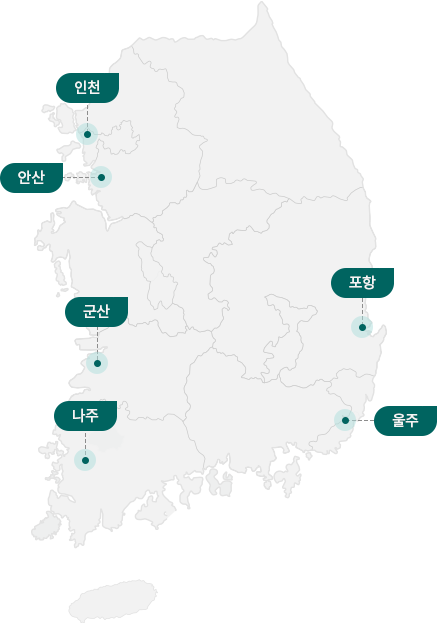 경기안산강소특구지원단, 경북포항강소특구육성센터, 울산울주강소특구센터, 전남나주강소연구개발특구, 전북군산강소특구육성사업단, 인천강소특구사업단 등 6개 강소특구의 위치가 표시 된 지도 이미지